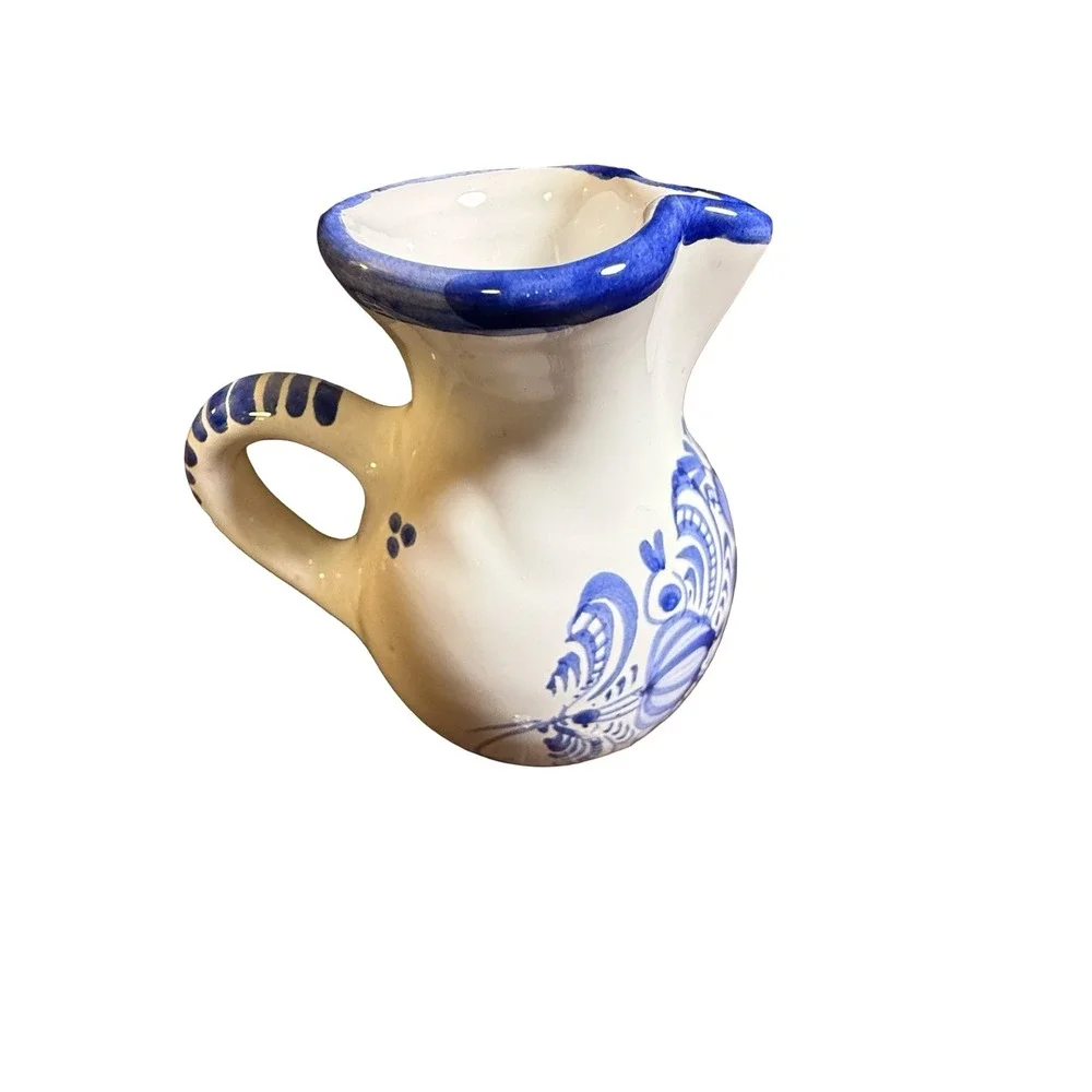 Modra Slov Ludova Majolika Cobalt Blue White Floral Ceramic Mini Pitcher Czech